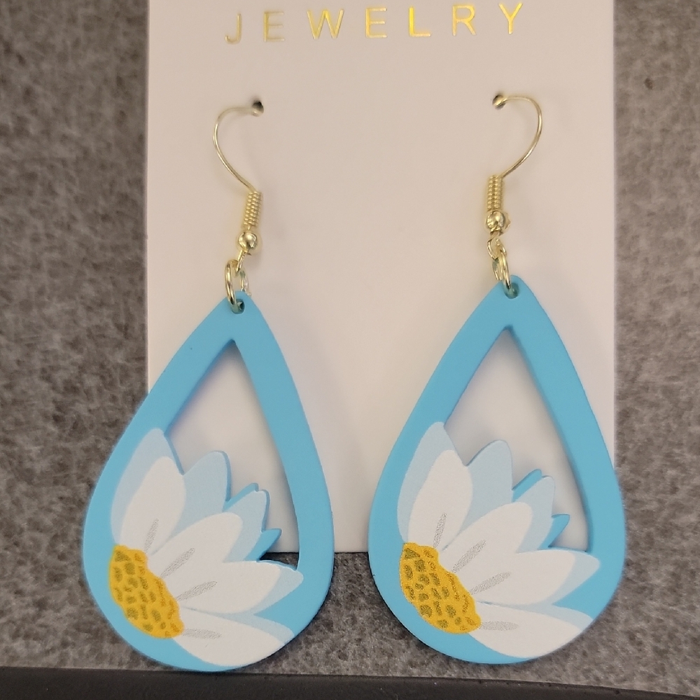 Blue and White Floral Teardrop Earrings